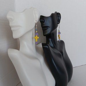 Handmade Yellow Stone Cross Earrings with Purple and Yellow Beads 2.25 Inch NWT